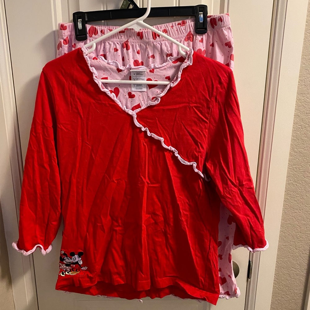 Vintage Disney Shopping L Pajama Set Mickey Minnie Mouse Large Red Pink Hearts L